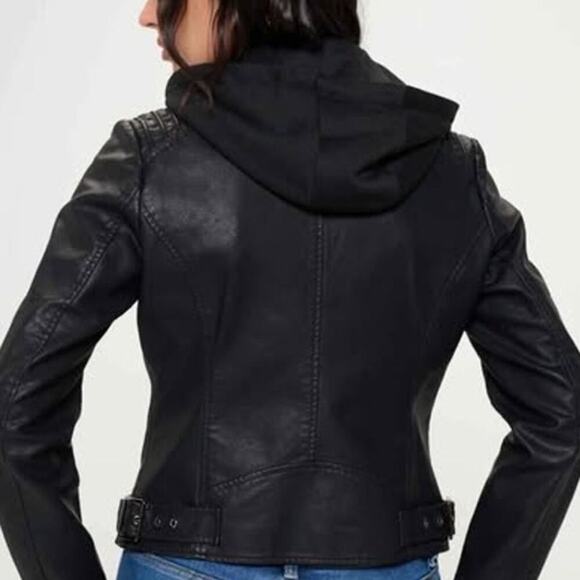 Coalition LA Vegen Lead Leather Hooded Jacket Black Faux Leather Zip Womens Smal - Picture 3 of 8